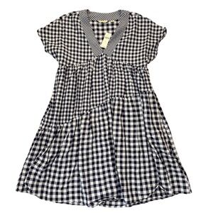 Anthropologie Dress XS Boho Navy Gingham Short Sleeve Tiered Mini Cottage‎